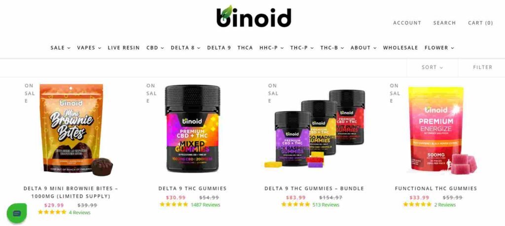 Binoid website's Delta 9 THC page screenshot
