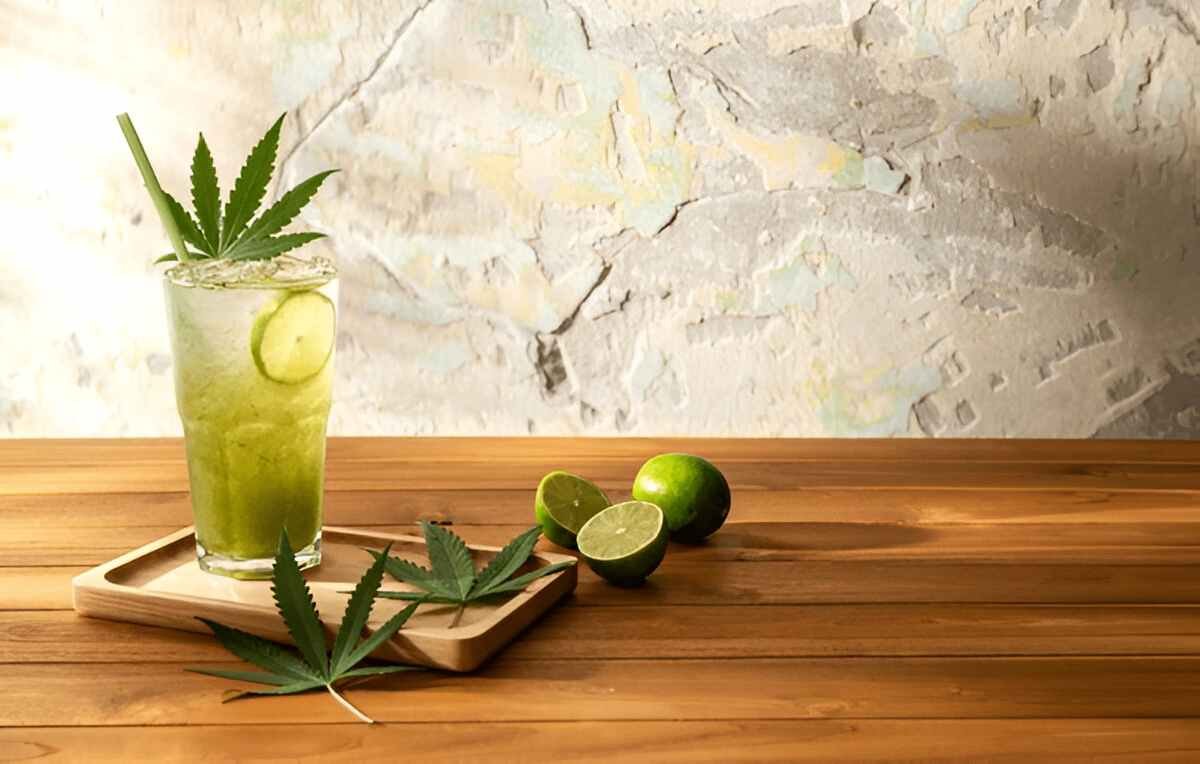 Image of a Delta-9 drink in a glass with some hemp leaves and lemon beside it.