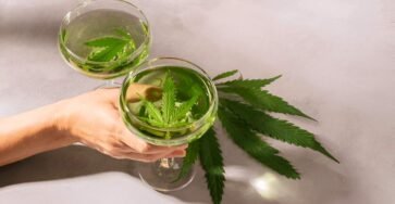 Image of Delta 9 drink in a glass with some hemp plant leaves on top