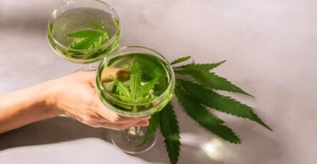 Image of Delta 9 drink in a glass with some hemp plant leaves on top